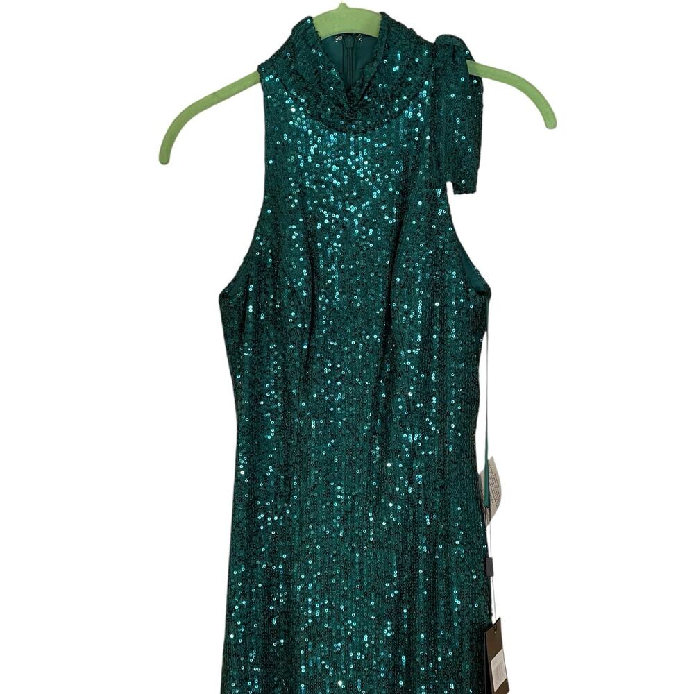 Mac Duggal Teal Sequined Soft Tie Halter Neck Column Gown Style 11280 Size 2 NEW - Picture 7 of 10